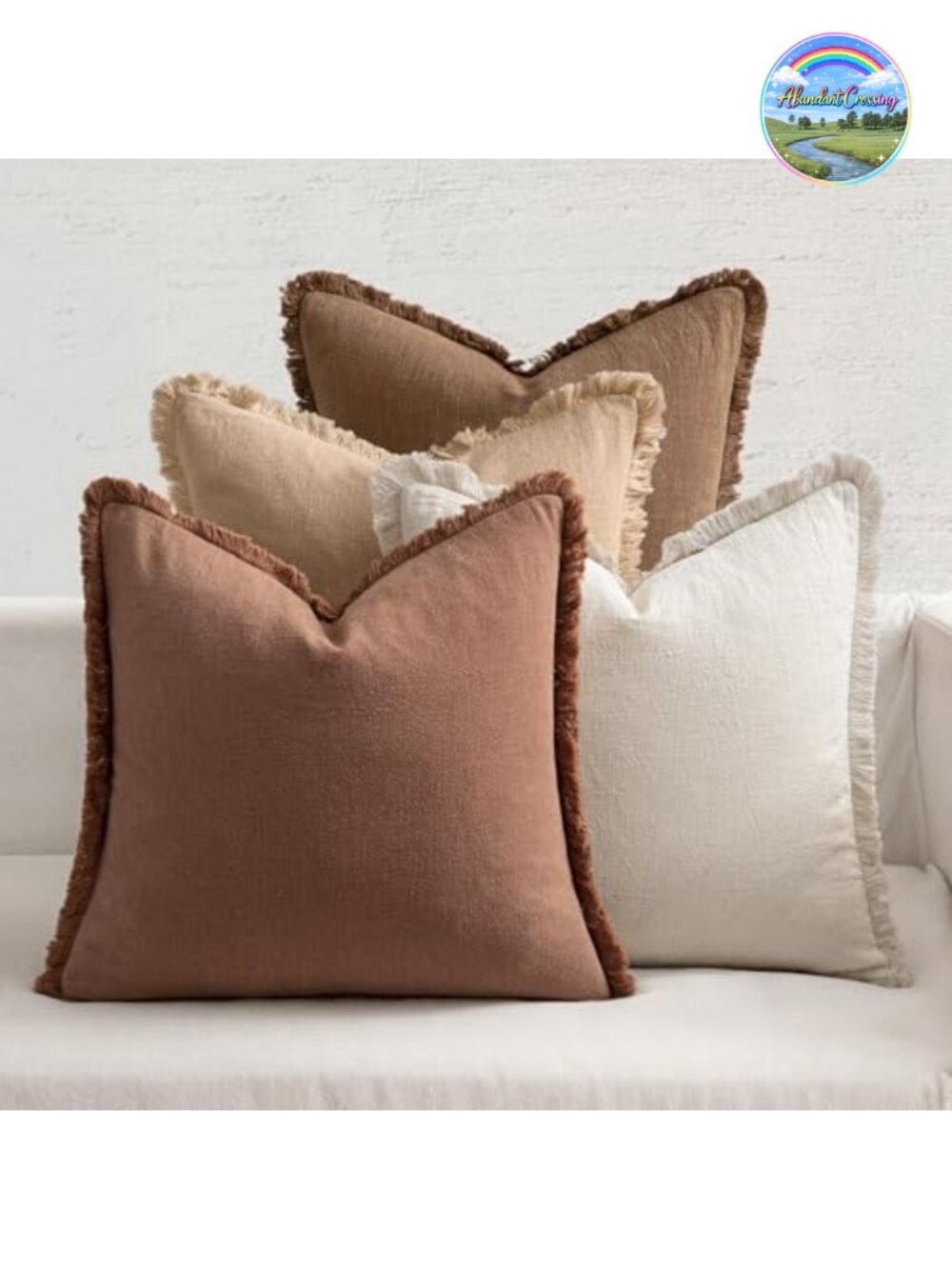 Fringe Linen Throw Pillow Covers Set of 4 Square Cushion Cases 18x18